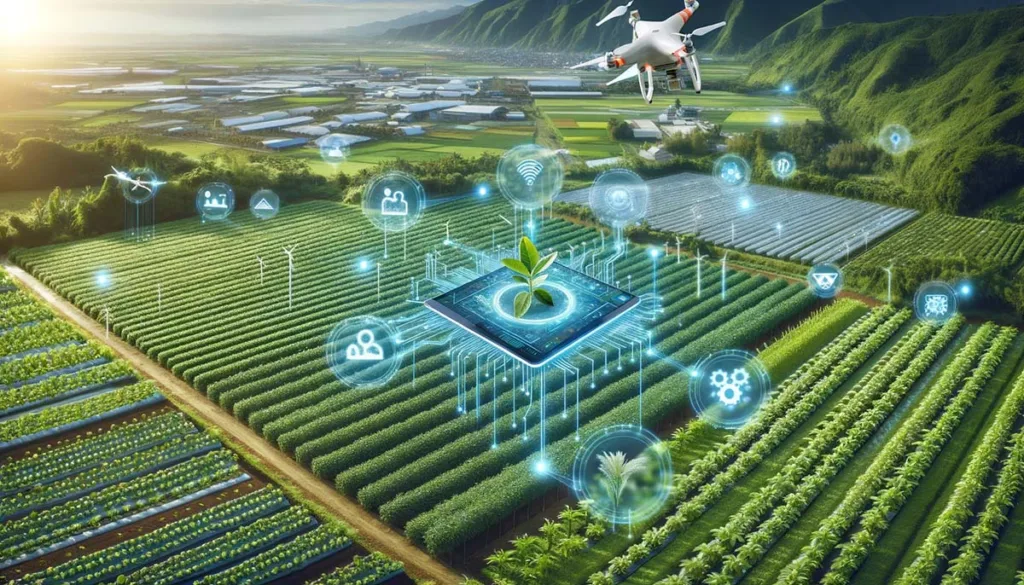 Edge computing in agriculture: A high-tech field with sensors and drones for sustainable farming practices.