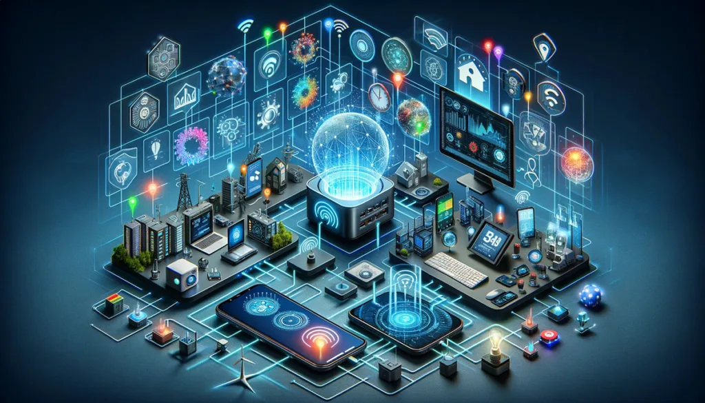 An array of IoT devices connected to an edge computing device, showing the diverse applications of edge computing in smart homes, industrial settings, and wearable technology.