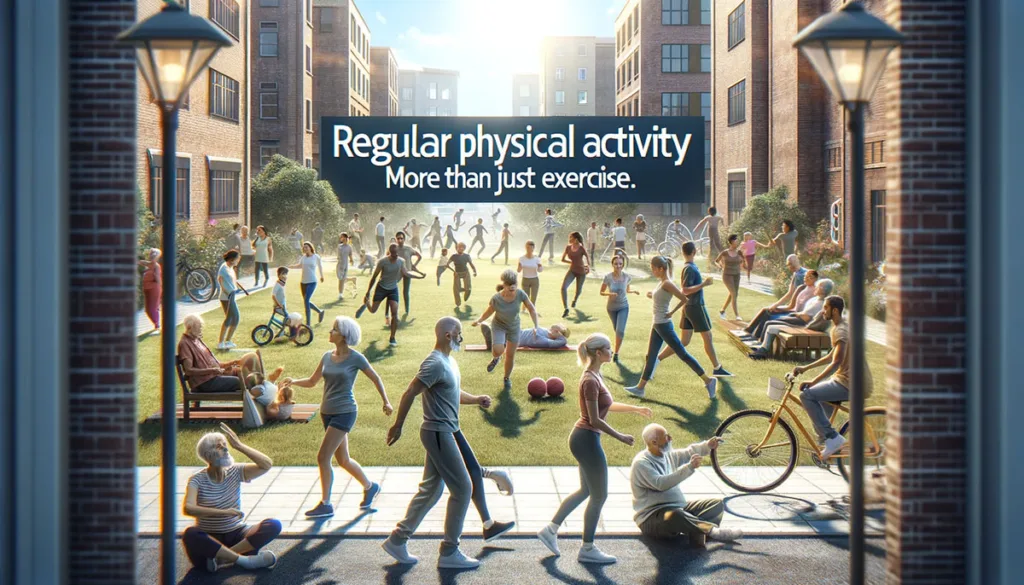 A dynamic and realistic image showcasing individuals of various ages and backgrounds engaging in a wide range of physical activities such as walking, running, cycling, yoga, and team sports in a vibrant community park setting. This scene celebrates the joy, diversity, and inclusivity of regular physical activity, underlining its significance as a cornerstone of a healthy lifestyle, beyond the confines of traditional exercise routines.
