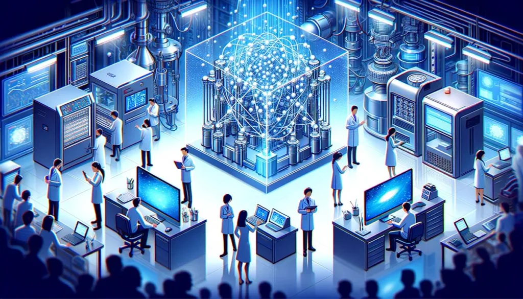 Illustrate a group of researchers developing new low-energy qubit technology in a laboratory setting, surrounded by advanced quantum computing equipment. The scene should convey a sense of innovation and focus on sustainability, with visual elements indicating energy efficiency and environmental consciousness.