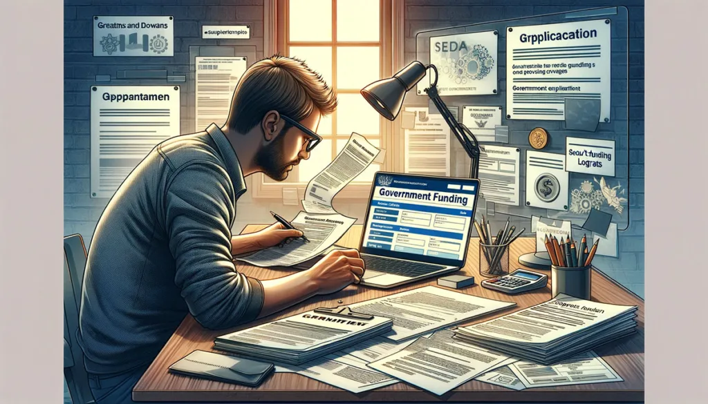 A startup founder fills out application forms for government grants and loans, surrounded by essential documents and a laptop with a government funding site, depicting the focus and determination required to navigate government funding programs for startups.