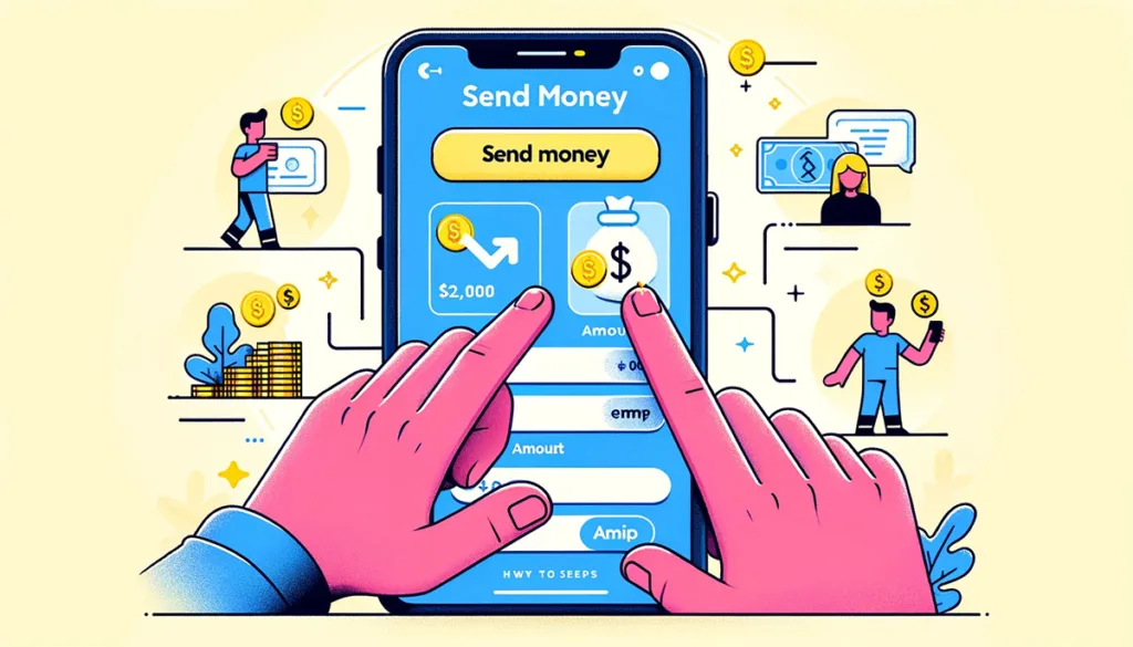 Step-by-step illustration of sending money on Snapchat, featuring a user selecting a friend, entering an amount, and confirming the transaction, with visual cues like finger taps and money symbols on Snapchat's interface.