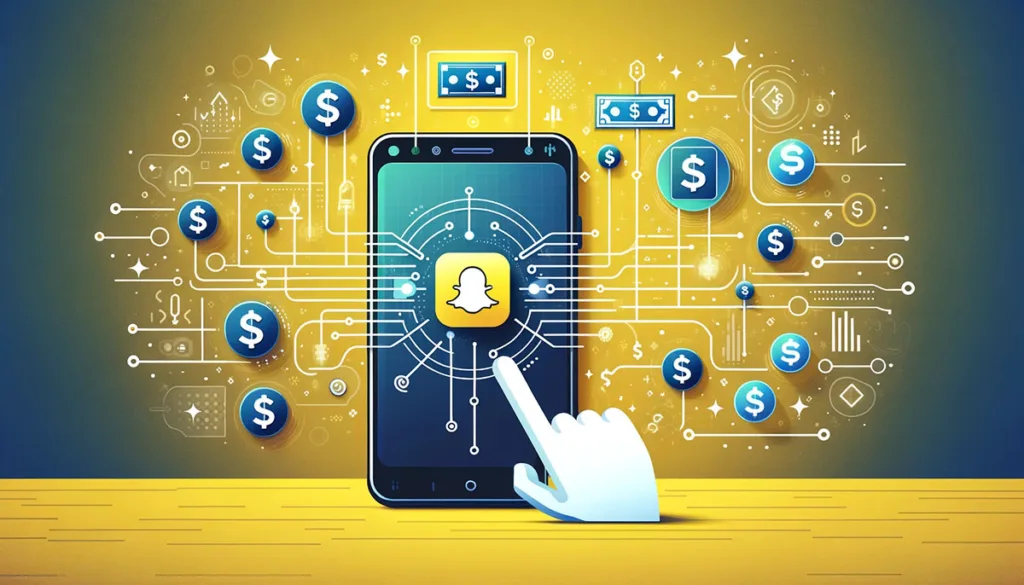 Illustration of a smartphone with Snapchat's interface showcasing the money transfer feature, highlighting digital dollar signs and the ease of financial transactions.