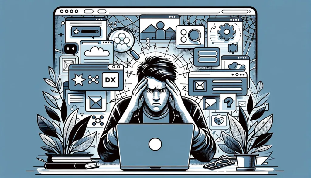 An illustration depicting a user experiencing frustration due to common UX design pitfalls such as cluttered interfaces, slow loading times, and confusing navigation, highlighting the importance of prioritizing user-friendly design to enhance the overall experience.