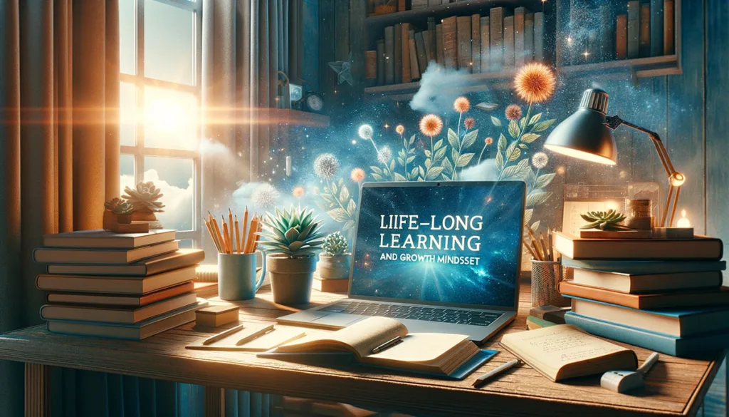 A realistic depiction of a bright and inspiring environment designed for life-long learning and personal growth, featuring a cozy home office or reading nook replete with an abundance of books, an open laptop on an educational website, and a journal for reflective thoughts. Symbolic elements like a light illuminating a book and a plant reaching towards sunlight enrich the scene, vividly illustrating the joy of discovery and the endless pursuit of knowledge. This image encapsulates the essence of maintaining a growth mindset as a fundamental aspect of a vibrant and healthy lifestyle.