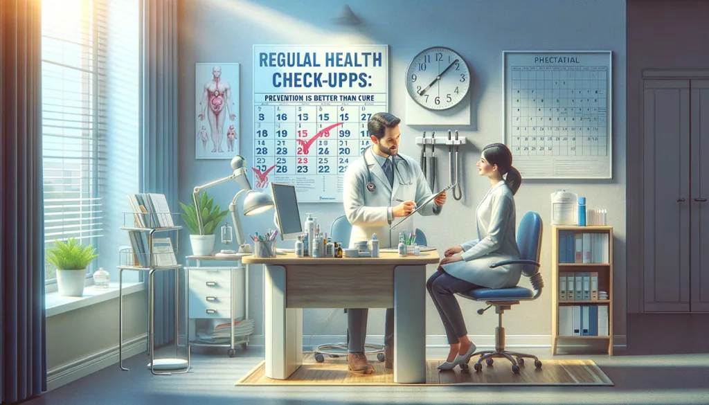 A realistic depiction of a positive and proactive health consultation within a professional medical environment, featuring a friendly healthcare professional engaging with a patient. The scene includes medical equipment and visual reminders of preventative care, like a calendar marked with check-up dates and health screening brochures. This image emphasizes the critical role of regular health check-ups in maintaining wellness and the philosophy that prevention is indeed better than cure.