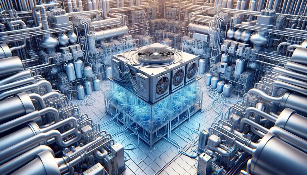 Design an image illustrating the complex cooling systems required for quantum computers, depicting a quantum computer amidst a network of cooling pipes and refrigeration units. The scene should highlight the technological complexity and environmental impact of maintaining ultra-cold conditions for quantum computing.