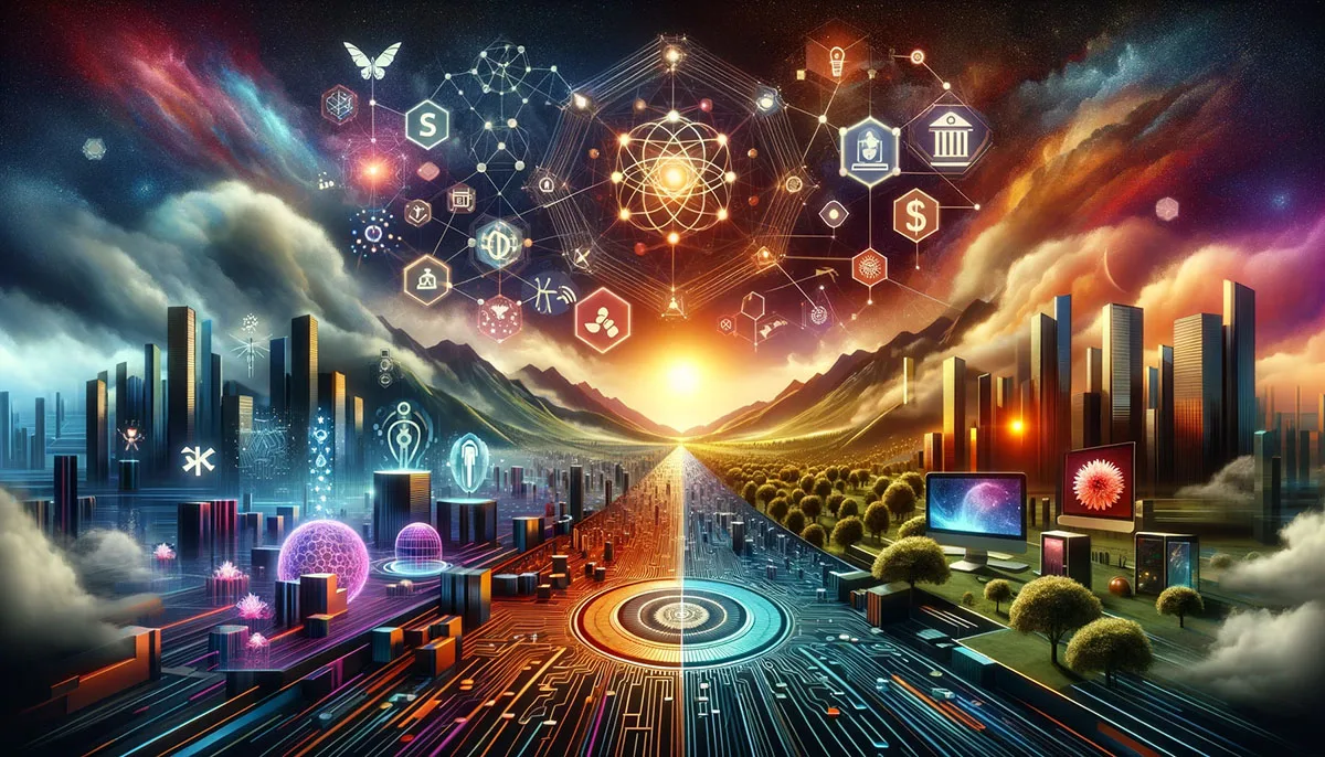 Dynamic image showcasing the impact of quantum computing on finance, healthcare, cybersecurity, and technology with vibrant, transformative symbols.
