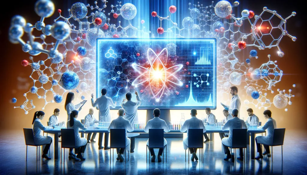 A visualization of scientists experiencing a breakthrough in drug discovery with the help of quantum computing, highlighting a significant moment in medical research.