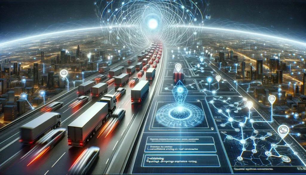 A conceptual scene where delivery vehicles navigate routes optimized by quantum computing, illustrating the impact on reducing delivery times and fuel consumption.