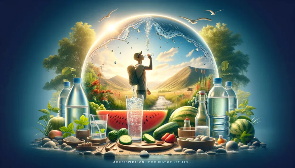 A realistic depiction of the essence of hydration in daily life, capturing a moment of a person enjoying a clear glass of water, complemented by visuals of water bottles, fruits high in water content like watermelon and cucumbers, and a serene natural water source in the background. This image underscores the critical role of staying hydrated in maintaining health and vitality, offering a visual representation of refreshment and well-being.