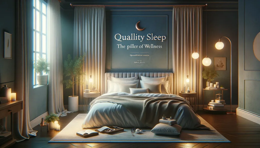 A realistic visualization of a serene and inviting bedroom setting designed for quality sleep, highlighting a comfortable bed adorned with plush bedding, surrounded by soft ambient lighting. The presence of a nightstand featuring a calming book and sleep aid items, such as a lavender sachet, adds to the tranquil atmosphere, embodying the essential role of restorative sleep as a pillar of overall wellness and tranquility.