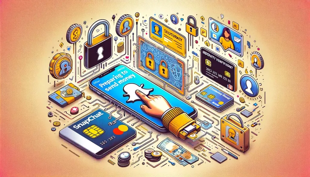 A visual representation of a user securing their Snapchat account, linking a payment method, and verifying their identity with icons like secure locks, credit cards, and verification badges, set against a secure and user-friendly digital backdrop.