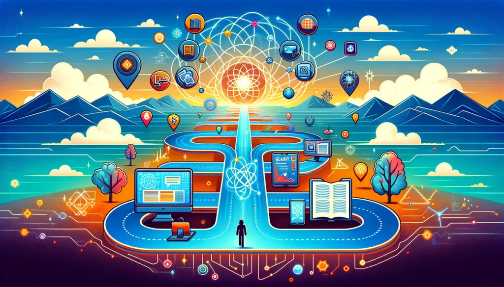 A pathway through various methods of learning and staying updated with quantum computing advancements, from reading books and browsing websites to attending courses and following news on social media.