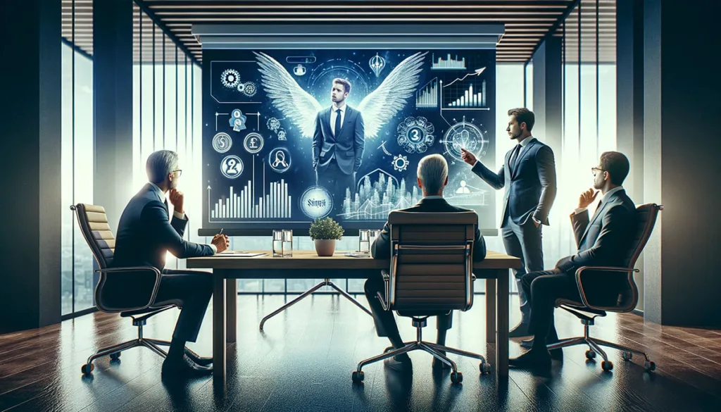 An entrepreneur presents their vision to an angel investor and venture capitalist in a professional boardroom setting, highlighting the serious consideration and strategic partnerships involved in securing substantial startup funding.