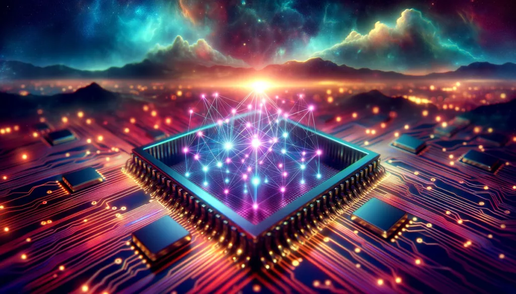 Glowing nodes on a quantum computer chip interconnected by beams of light, symbolizing quantum entanglement in a digital grid.