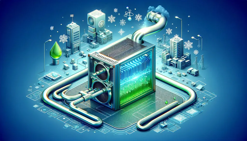 Illustrate sustainable cooling technologies for quantum computing, showcasing a quantum computer system being cooled by an eco-friendly, innovative cooling solution. The design should highlight the integration of green technology, such as water cooling or natural refrigerants, in a sustainable computing environment.