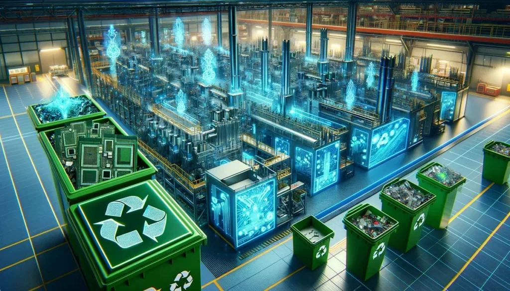 Futuristic factory assembling quantum computing components with recycled materials, highlighting green technology and recycling efforts.