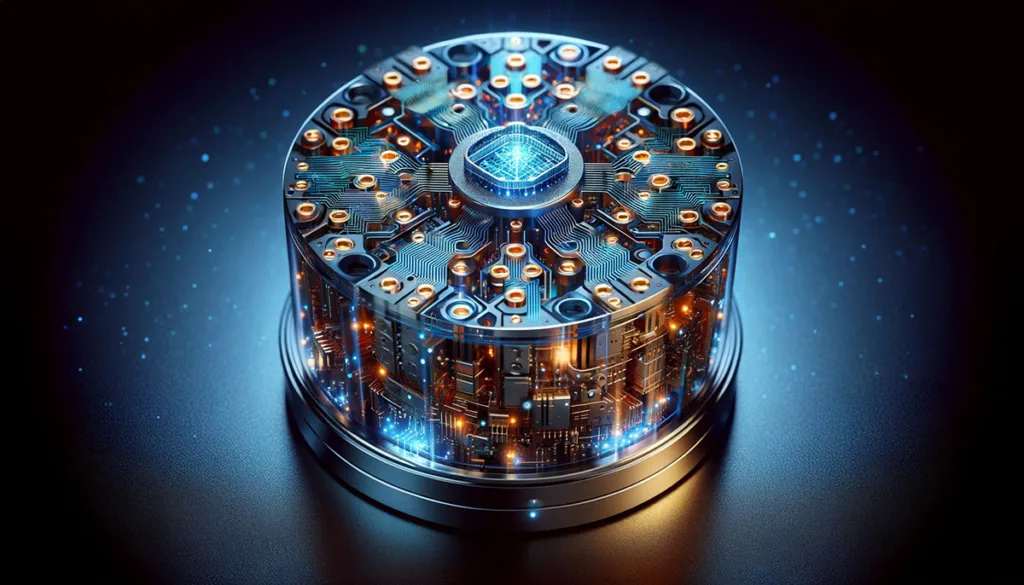 A detailed view of a quantum key distribution device, highlighting its intricate design and the advanced technology enabling secure quantum communications.