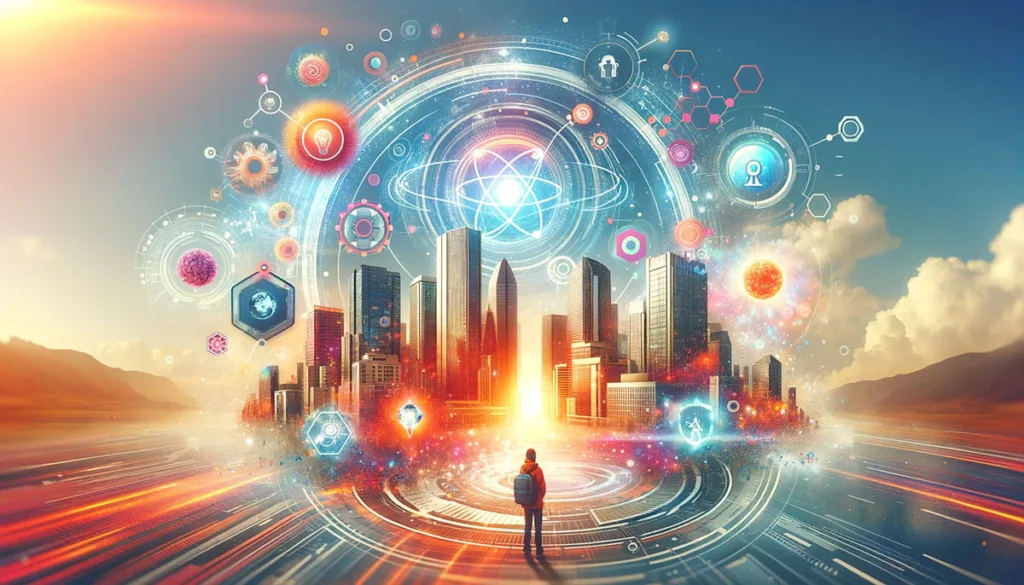 Illustration of quantum computing's future, merging futuristic cityscapes and technology interfaces to symbolize its broad societal impact.
