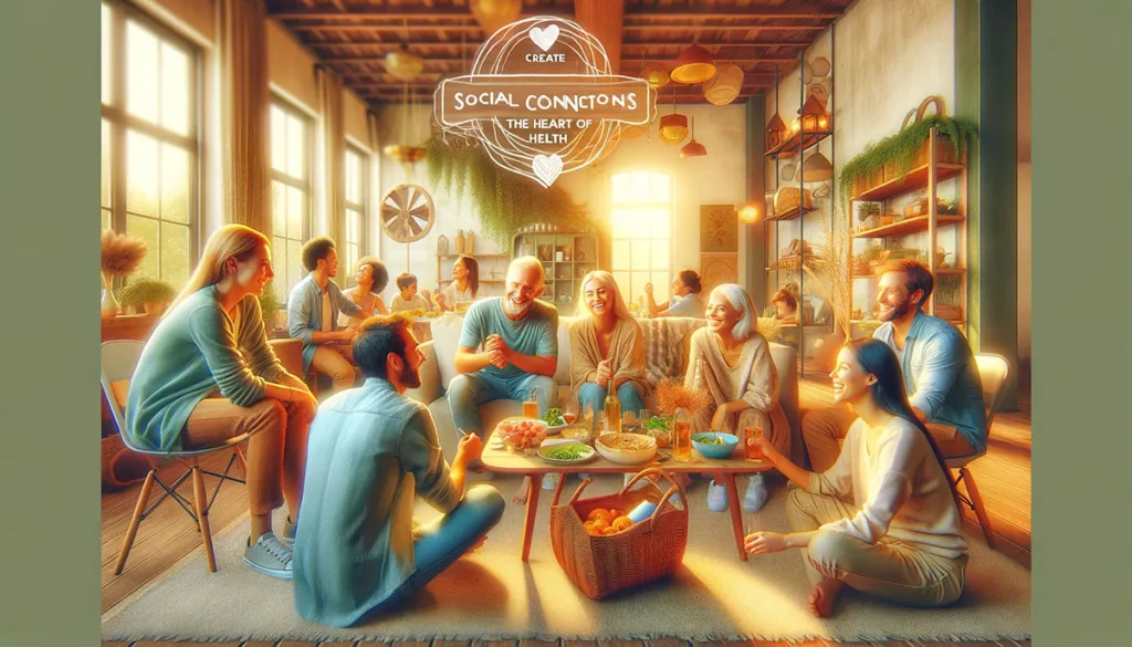 A heartwarming and realistic scene of friends and family gathering in a joyful and relaxed setting, whether it's a cozy living room, a sunny picnic in the park, or around a table for a communal meal. The image beautifully captures the essence of social connections as the heart of health, with individuals engaging in laughter, conversation, and the simple pleasure of each other’s company, illustrating the profound impact of strong social bonds on our overall well-being and happiness.