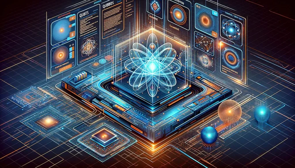 This illustration visualizes the basic principles of quantum computing, including qubits, superposition, entanglement, and quantum gates, making these complex concepts accessible to beginners with a futuristic and sleek design.