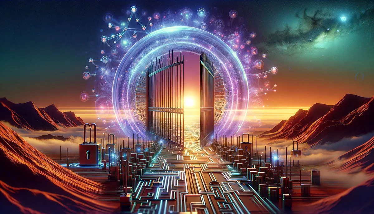 The concept of barriers in quantum computing through symbolic elements such as locked gates, broken circuits, or walls, with a futuristic quantum computer or qubits visible in the background, illustrating the multifaceted challenges facing the development of quantum computing technology.