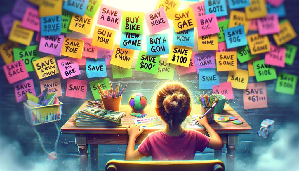 A child sitting at a desk surrounded by colorful sticky notes with various financial goals, showcasing the early stages of financial planning and ambition.