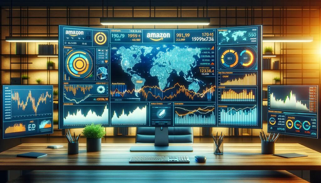 A comprehensive financial dashboard showcasing Amazon's stock performance with detailed graphs and analytics in a modern, high-tech office setting.