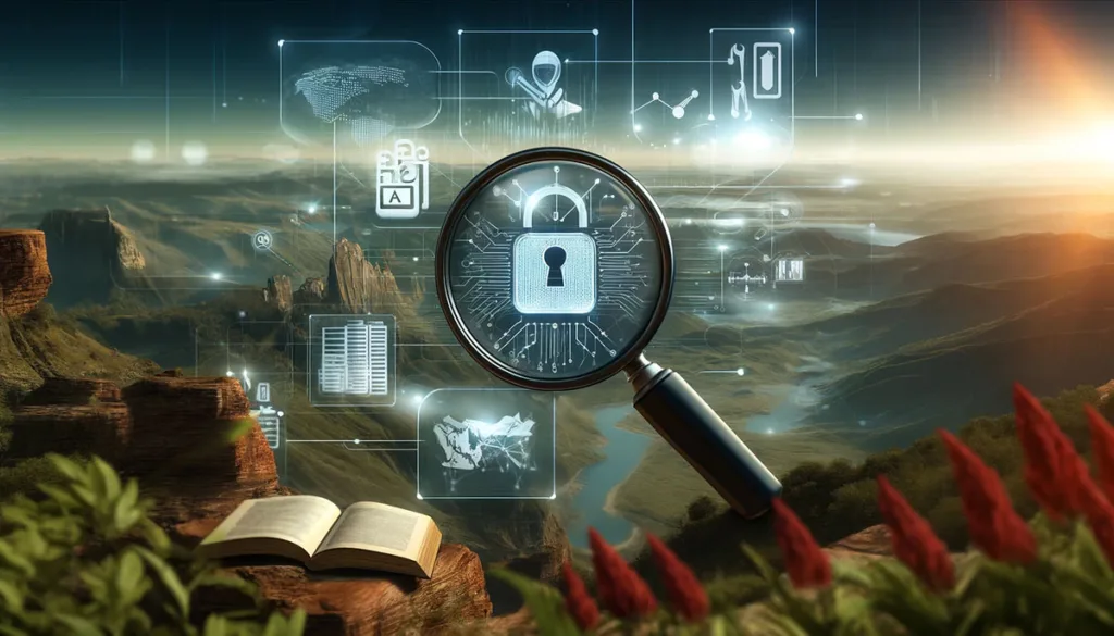 A landscape image showcasing the detailed exploration of key cybersecurity challenges, featuring icons of data breaches, regulatory compliance books, and a magnifying glass over a digital landscape, emphasizing the need for an investigative and analytical approach amidst complexity and urgency.