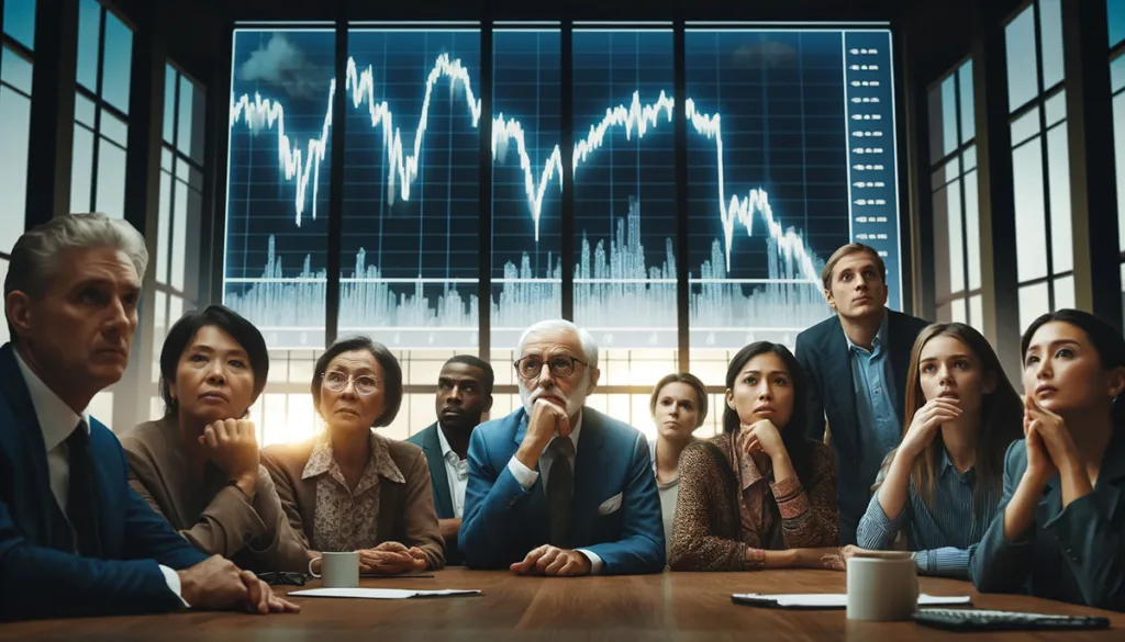 A diverse group of investors, including an elderly Caucasian man, a young Asian woman, and a middle-aged African American woman, anxiously watch declining stock charts in a conference room, reflecting the widespread concern over their investments amid a financial lawsuit.