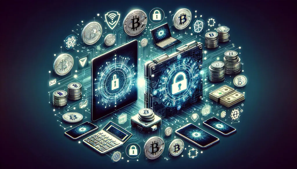 A digital collage showing various types of crypto wallets including hardware, mobile, and desktop, emphasizing security and technology.