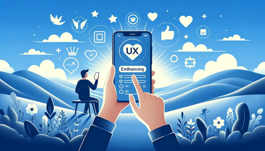 Landscape image depicting a person using a smartphone with visible satisfaction, surrounded by symbols of user engagement like smiles, thumbs up, and heart icons, highlighting the importance of intuitive and user-friendly mobile UX design for enhancing user satisfaction and engagement.