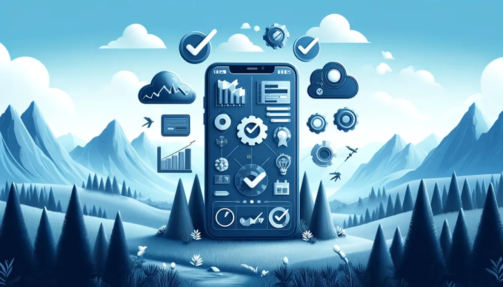 Landscape image depicting the continuous process of testing and maintaining mobile optimization, featuring a mobile device with diagnostic tools and analytics on screen, alongside symbols like check marks, gear wheels for maintenance, and graphs indicating improvement over time, emphasizing the importance of ongoing efforts to enhance mobile user experience.