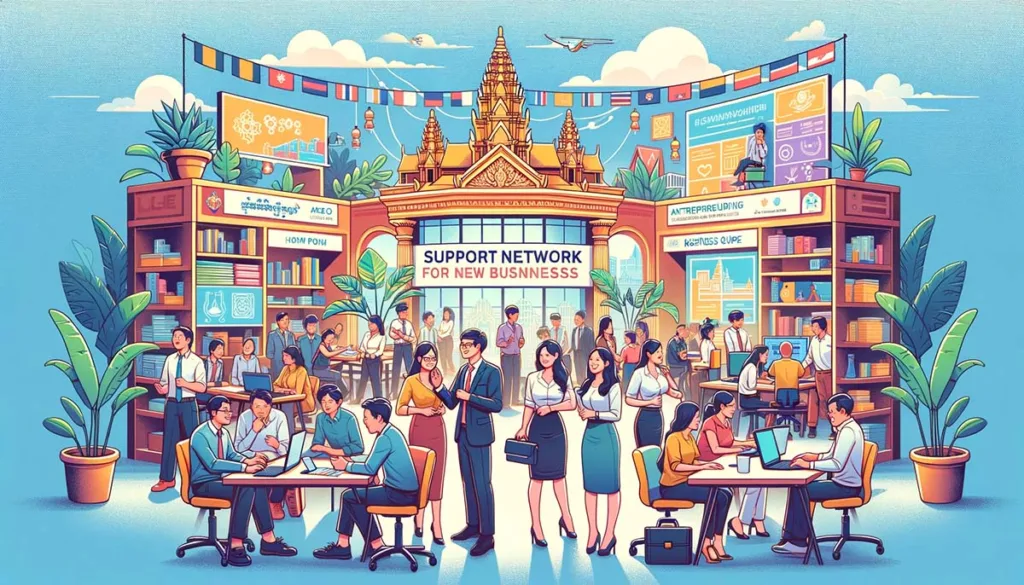 A vibrant co-working space in Cambodia filled with entrepreneurs of diverse backgrounds, interacting and accessing business resources, highlighted by symbols of Cambodian culture and success in the background.