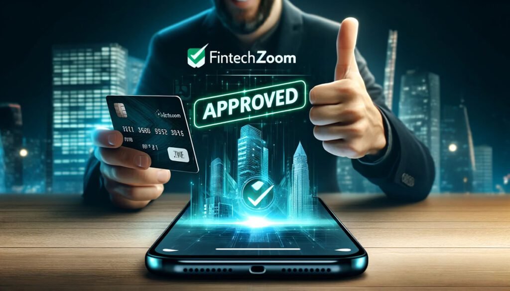 A person in an urban setting receives an instant approval notification on their smartphone for a Fintechzoom credit card, showcasing the efficiency and modernity of Fintechzoom's approval process.