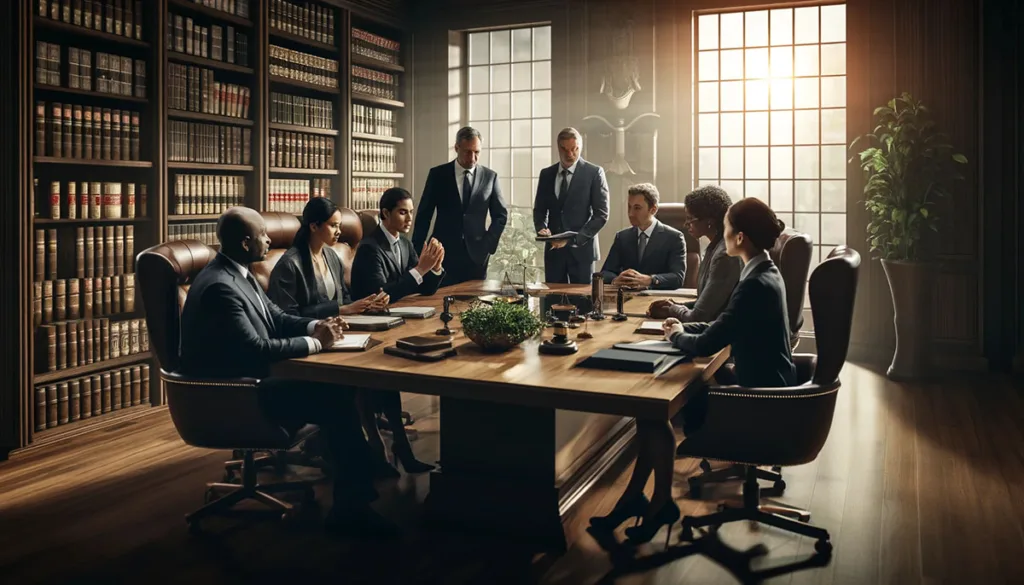 A sophisticated boardroom scene with financial and legal experts, including a diverse group, engaged in a serious discussion about the implications of high-profile lawsuits like Spartan Capital Securities. The setting reflects intellectual debate with elegant furnishings and legal tomes.