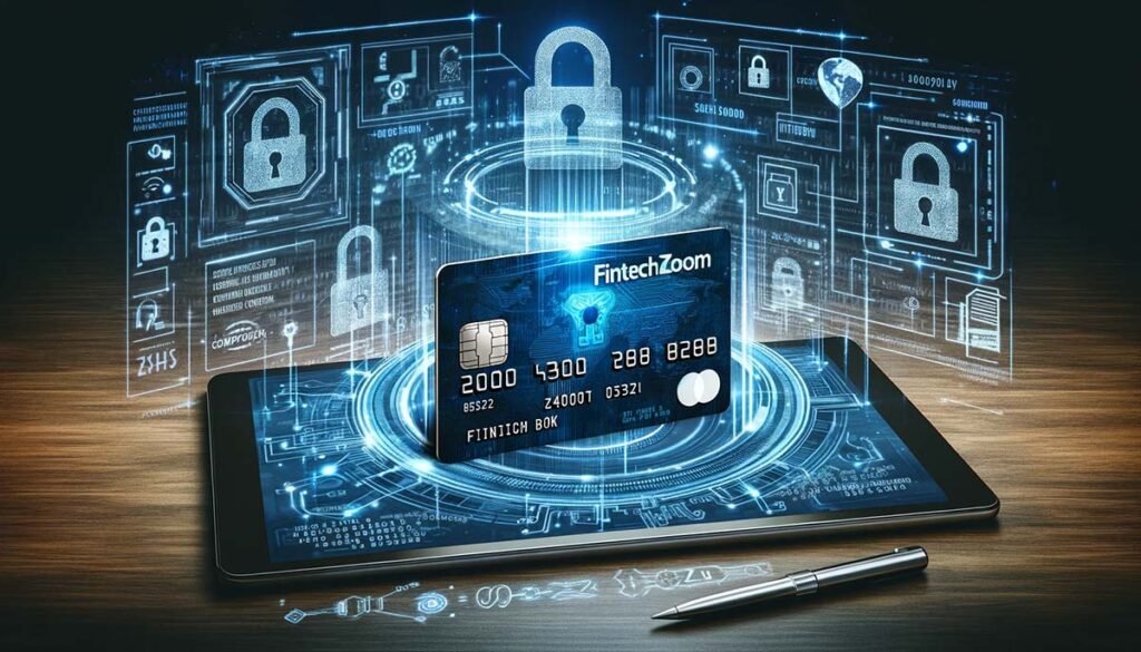 A Fintechzoom credit card secured by a digital lock amid a backdrop of digital codes and encrypted symbols, illustrating the stringent security measures and legal compliance of Fintechzoom credit cards.