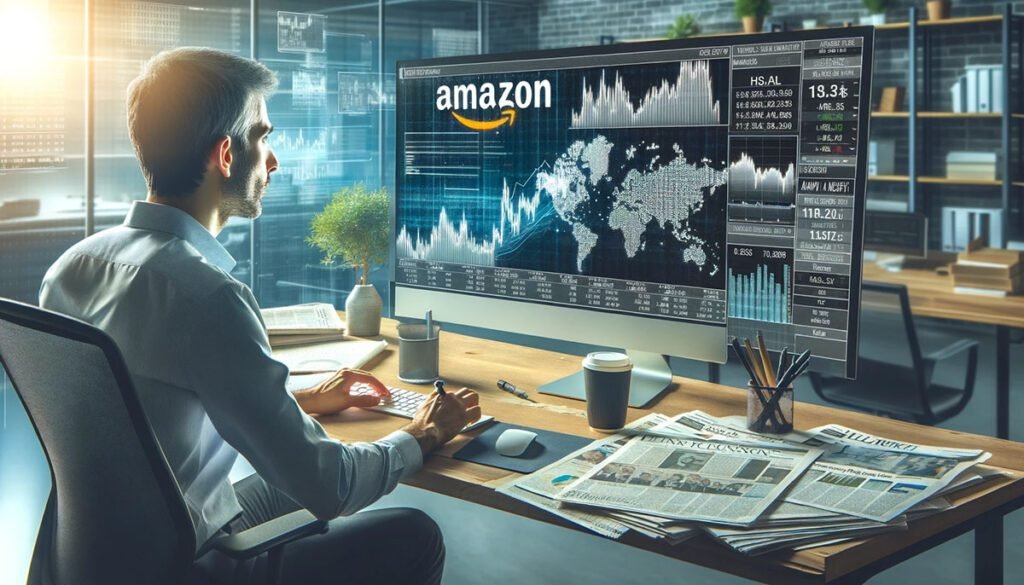 A Fintechzoom journalist deeply engaged in analyzing Amazon stock trends, surrounded by financial newspapers and digital charts in a modern, professional office.