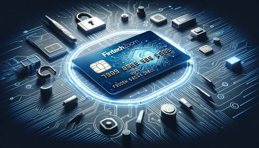 A Fintechzoom credit card displayed on a tech-inspired background, highlighting advanced features like digital circuits and secure data encryption, symbolizing the integration of cutting-edge technology in financial services.