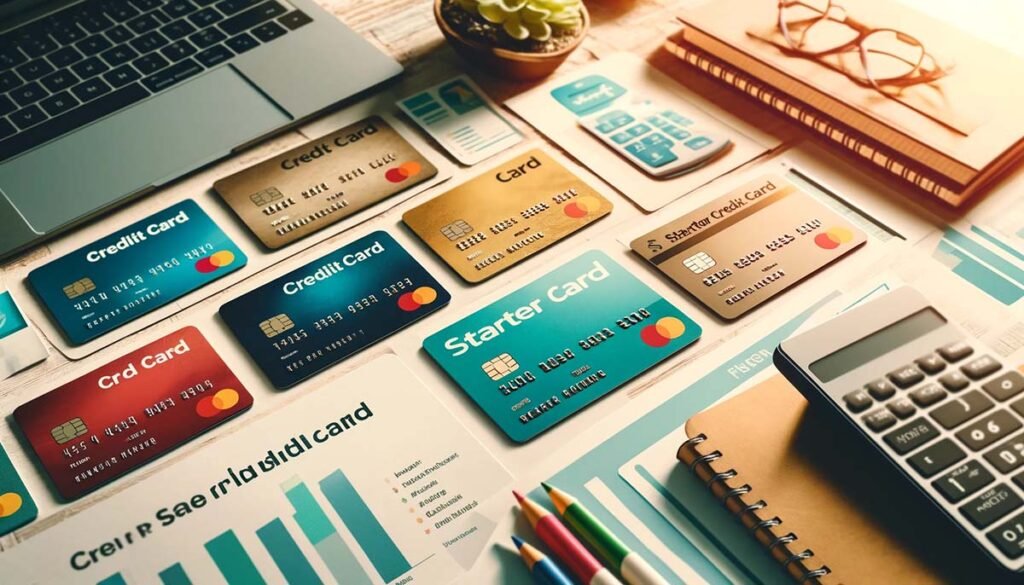 A selection of starter credit cards spread out on a table, accompanied by financial planning tools like a notepad and calculator, symbolizing the beginning of a responsible financial journey with Fintechzoom.