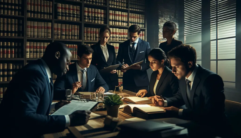 Lawyers in a tense consultation room discussing the Spartan Capital lawsuit, surrounded by legal documents and strategic plans, highlighting the seriousness and complexity of the case.