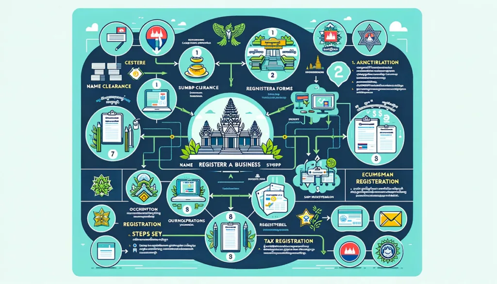 A detailed infographic showing the step-by-step process of business registration in Cambodia, featuring icons and brief descriptions for each stage, presented in a clean and educational format with a blue and green color scheme and elements of Cambodian culture.
