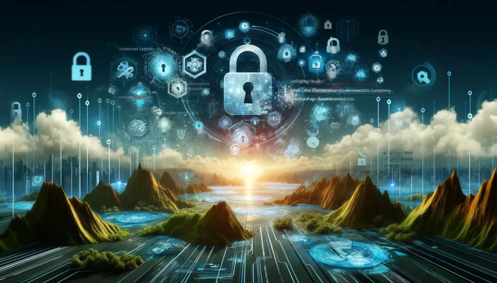 A landscape image representing the concept of understanding cybersecurity challenges with digital locks, code snippets, and symbols of cyber threats like viruses and phishing hooks, illustrating the complexity of cybersecurity awareness.