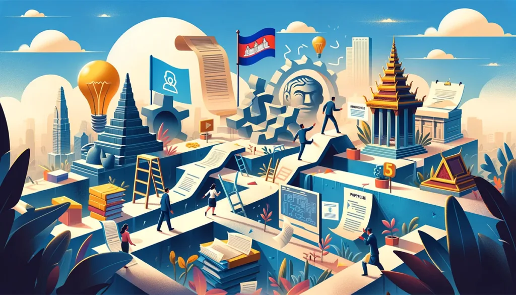 A creative illustration showing entrepreneurs navigating an obstacle course of bureaucracy, language barriers, and extensive paperwork in Cambodia, depicted in a dynamic and engaging style with cultural elements.