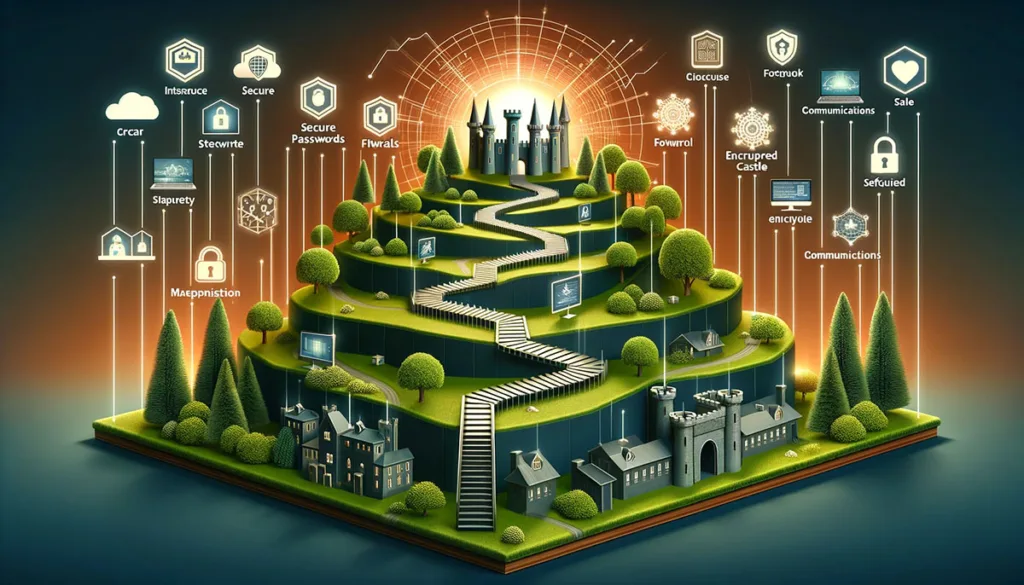A landscape image showcasing a step-by-step guide to enhancing cybersecurity posture with a pathway leading through various measures like secure passwords, firewalls, and encrypted communications, culminating in a fortified digital castle, symbolizing the journey and layered approach to robust digital protection.
