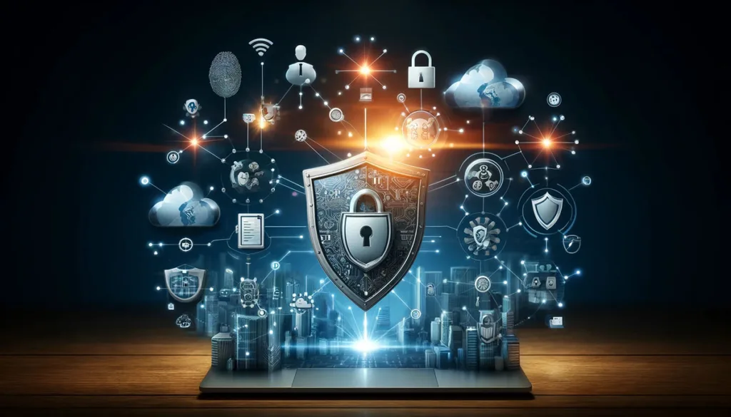 A landscape image depicting cybersecurity solutions for businesses and individuals, with a shield protecting a network of devices, a lock on data, and symbols for antivirus, firewalls, and secure cloud services, highlighting the comprehensive defense mechanisms safeguarding digital assets.