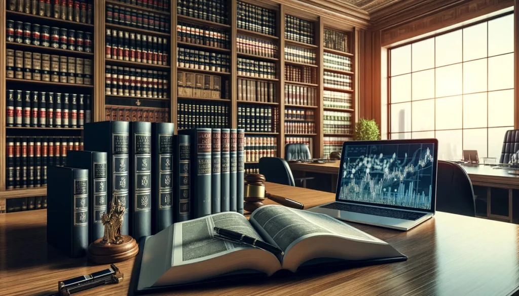 A modern law library dedicated to financial law, with open legal books on a wooden table and a laptop displaying stock market data, symbolizing the scholarly study of securities and financial regulations.