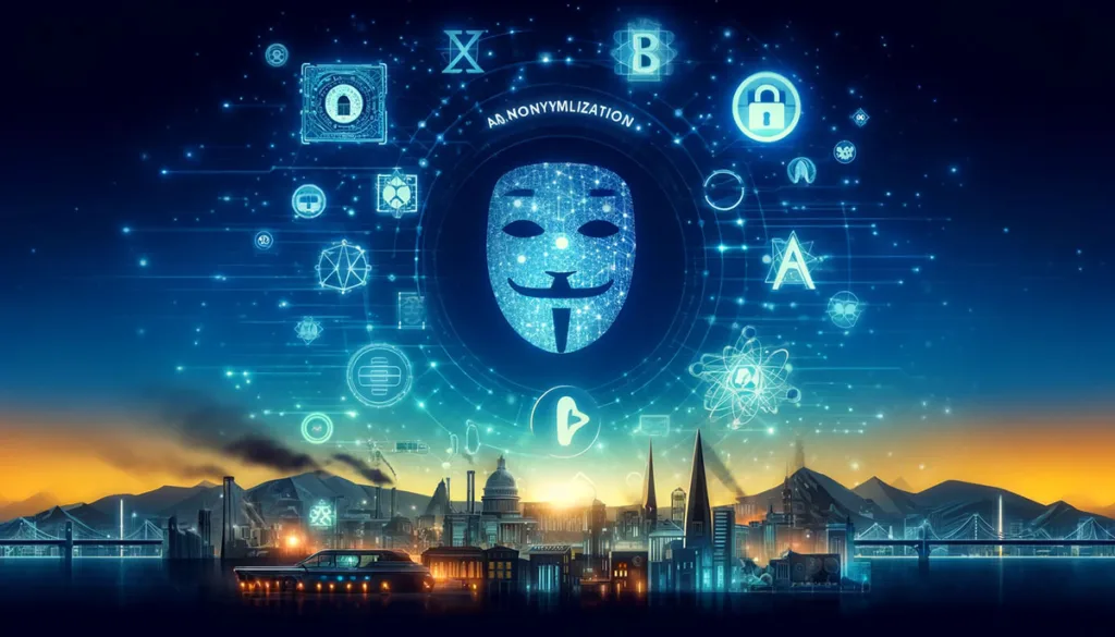 Depiction of the future of anonymization in cybersecurity, featuring advanced technologies like AI, blockchain, and quantum computing.