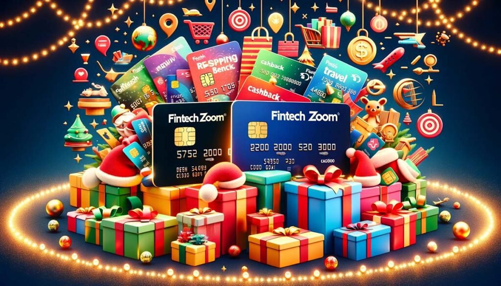 A lively display of Fintechzoom credit cards amidst symbols of shopping, travel, and cashback rewards, capturing the festive and beneficial aspects of using these rewarding credit cards.
